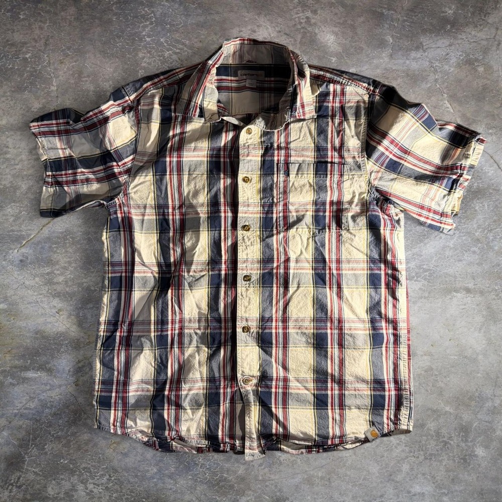 Carhartt Plaid Short Sleeve Button Up Work Shirt Red Navy Mens L